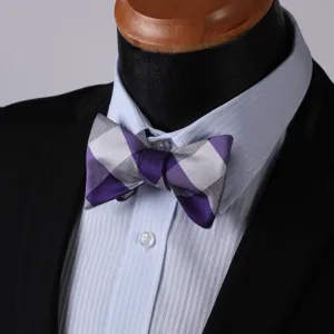 Purple Grey Check Mens Silk Self tie Bow Tie with Pocket Squares Set
