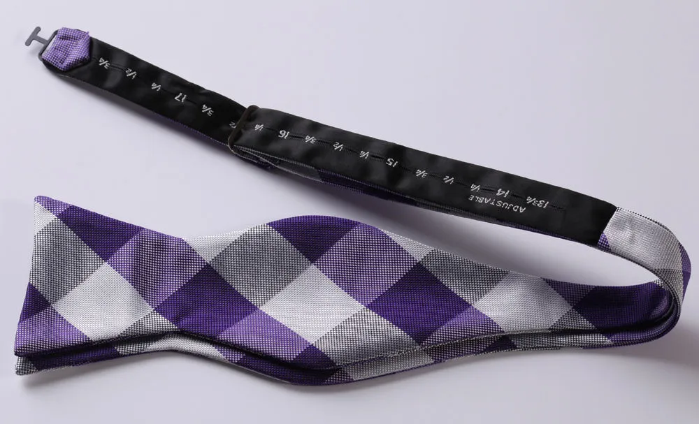 Purple Grey Check Mens Silk Self tie Bow Tie with Pocket Squares Set