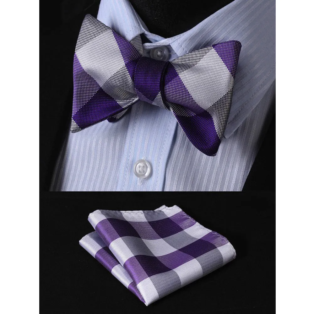 Purple Grey Check Mens Silk Self tie Bow Tie with Pocket Squares Set