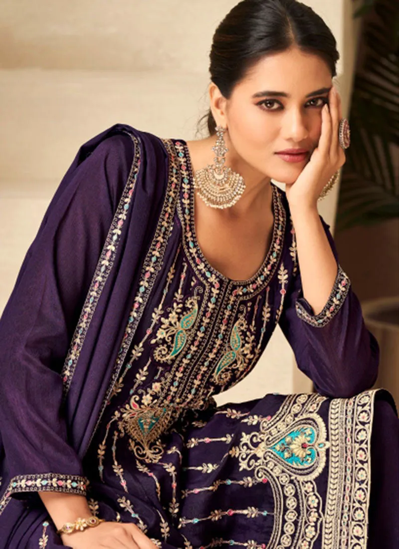 Purple Multi Embroidery Afghani Style Suit