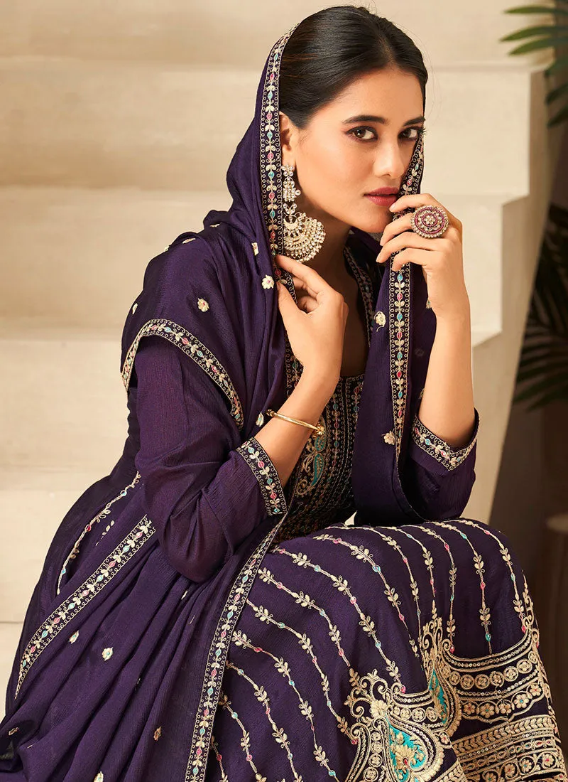 Purple Multi Embroidery Afghani Style Suit