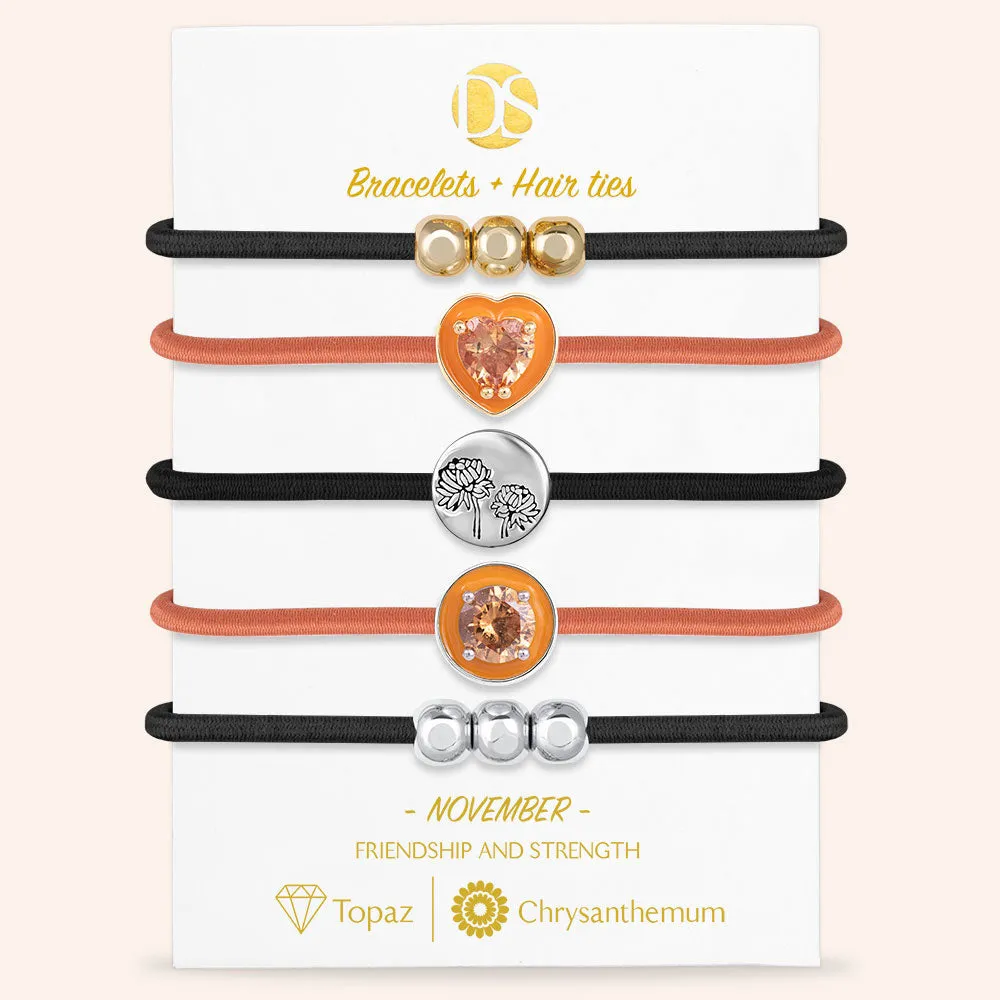 "Set in Stone" Set of 5 Birthstone & Birth Flower Hair Ties & Bracelet Jewels