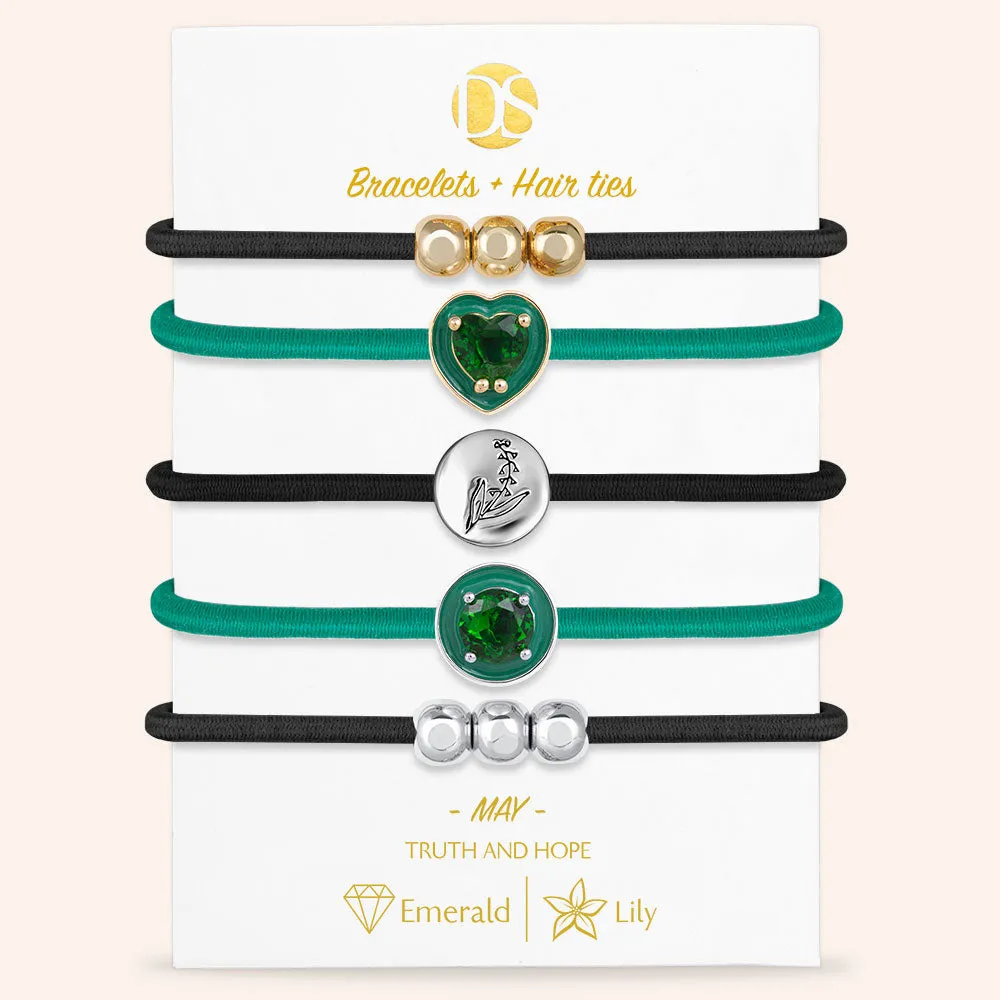 "Set in Stone" Set of 5 Birthstone & Birth Flower Hair Ties & Bracelet Jewels