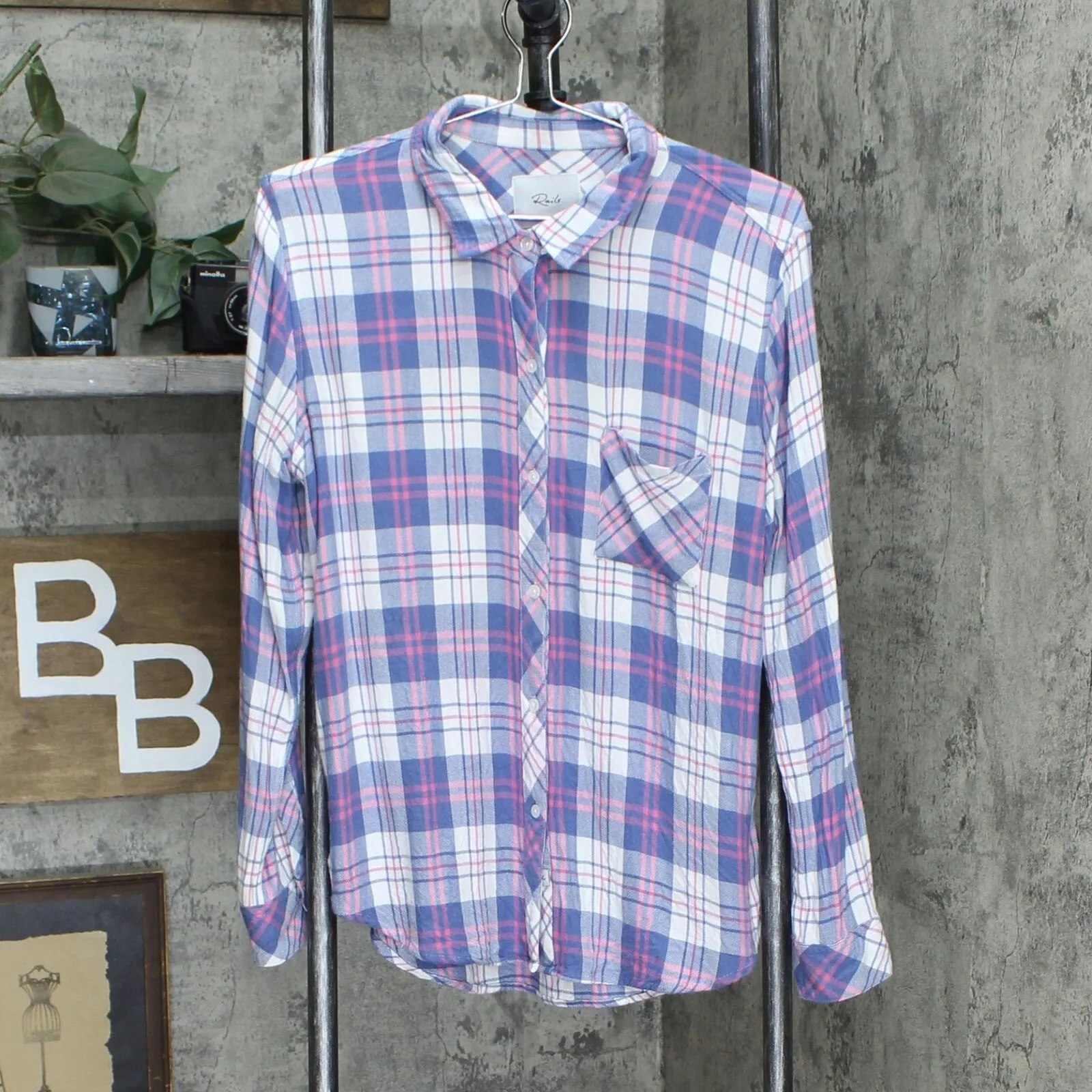 Rails Women's Hunter Plaid Button Up Long Sleeve Shirt Blue Large