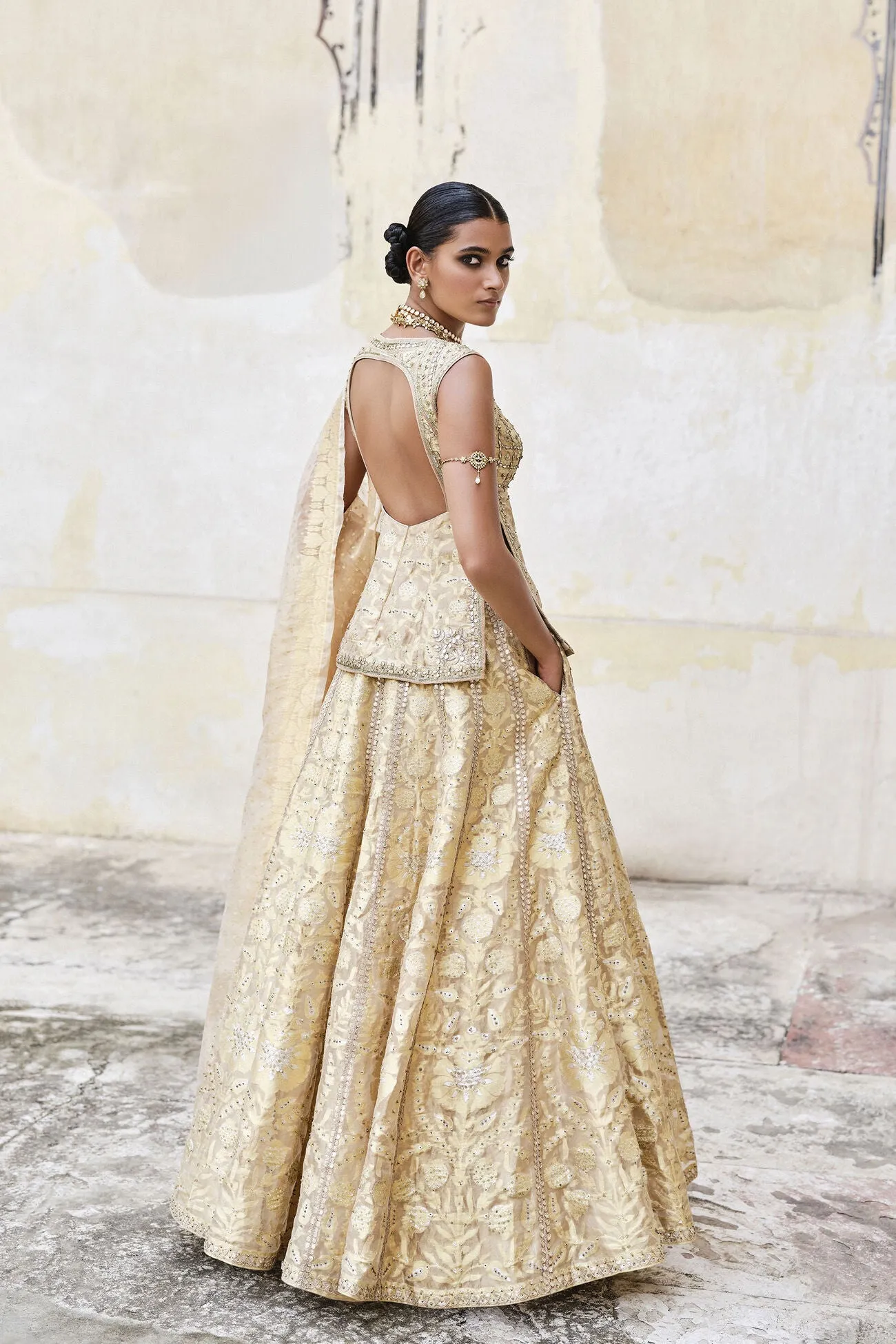 Ramsha Handwoven Benarasi Silk Lehenga Set - Gold