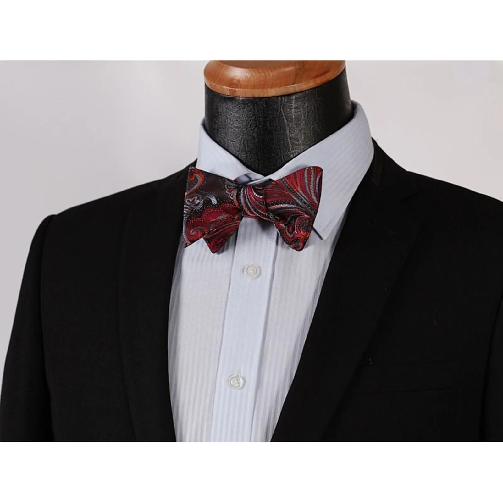 Red Gray Floral Mens Silk Self tie Bow Tie with Pocket Squares Set