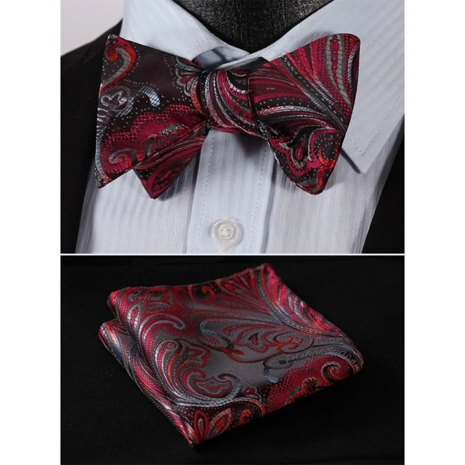Red Gray Floral Mens Silk Self tie Bow Tie with Pocket Squares Set
