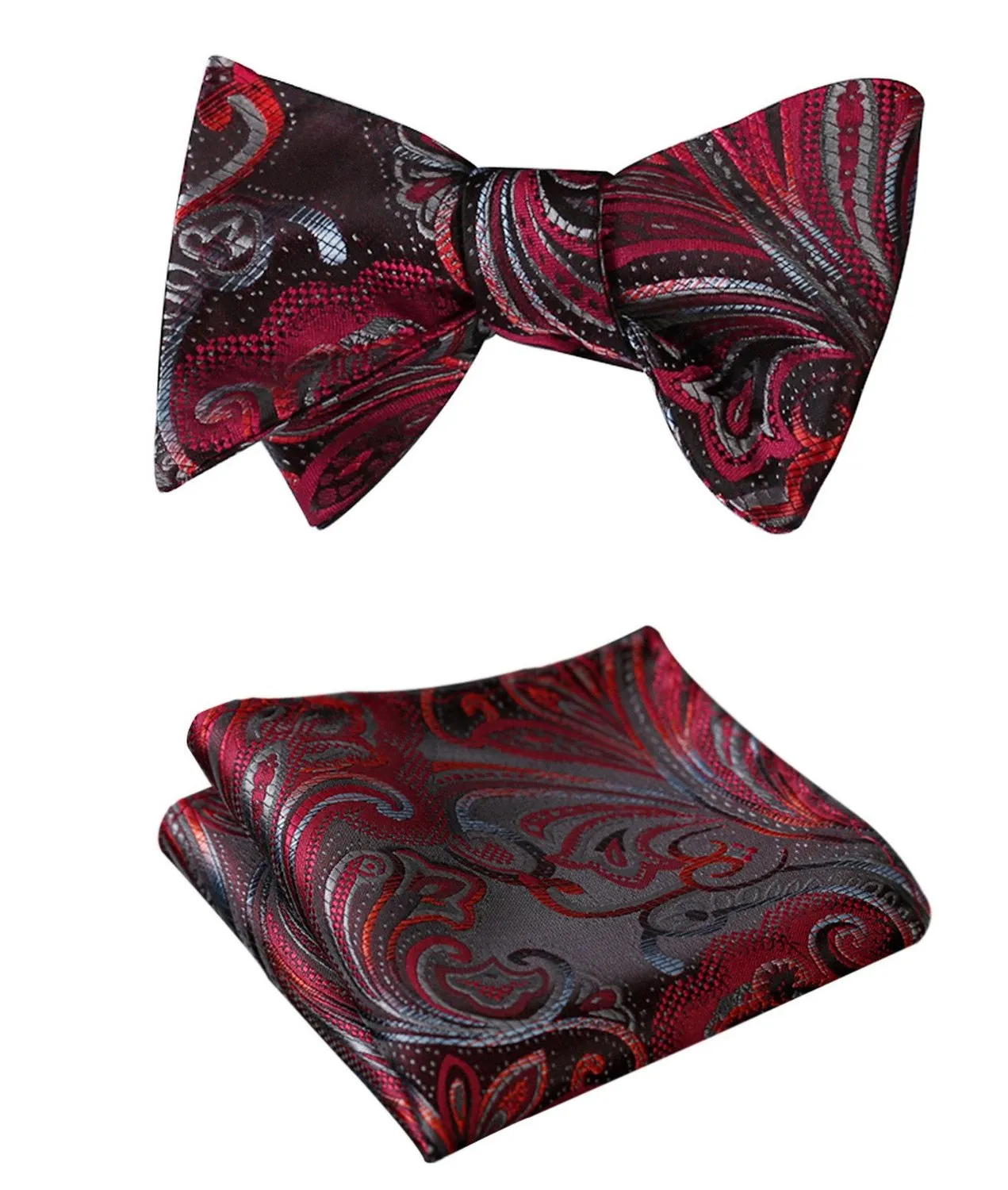 Red Gray Floral Mens Silk Self tie Bow Tie with Pocket Squares Set