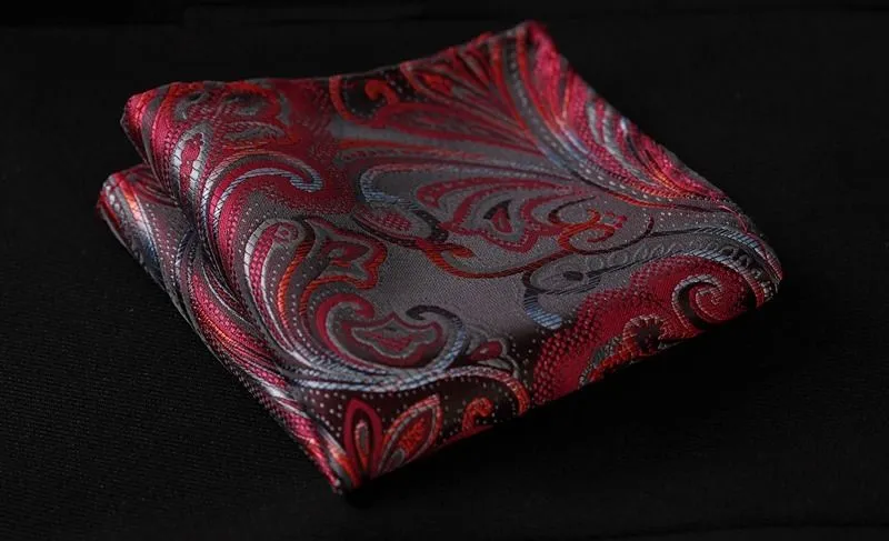 Red Gray Floral Mens Silk Self tie Bow Tie with Pocket Squares Set