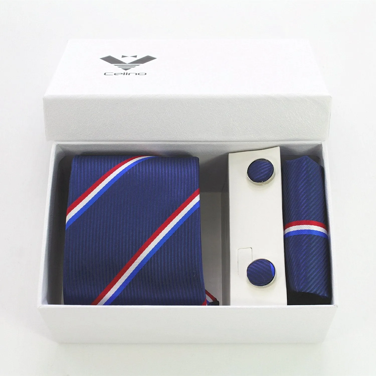Red White & Blue Stripes Designer Silk Floral Necktie with Matching Cufflinks & Pocket Square Set for Men