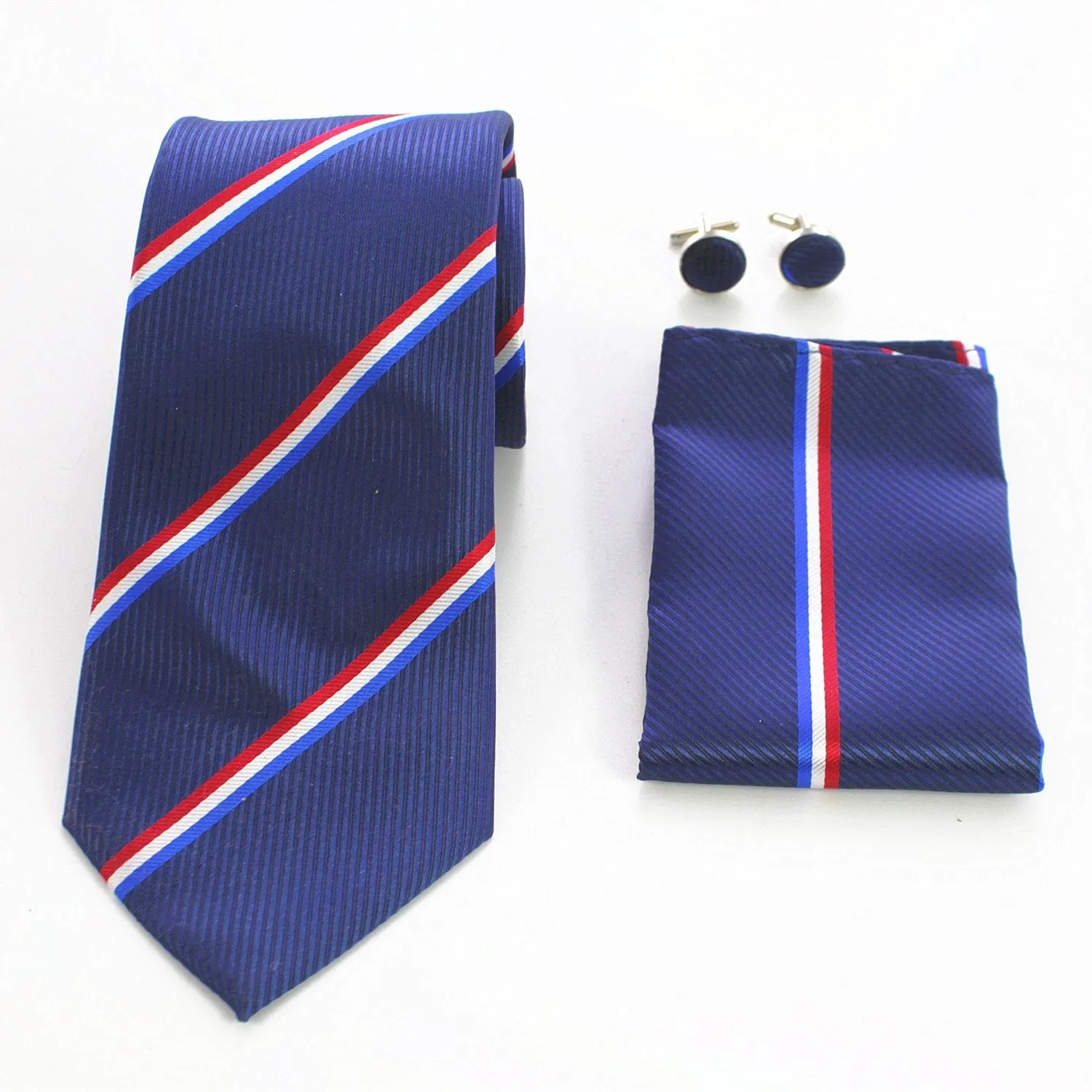 Red White & Blue Stripes Designer Silk Floral Necktie with Matching Cufflinks & Pocket Square Set for Men