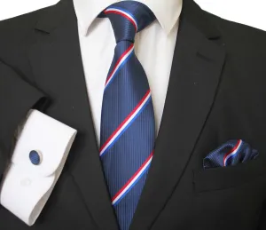 Red White & Blue Stripes Designer Silk Floral Necktie with Matching Cufflinks & Pocket Square Set for Men