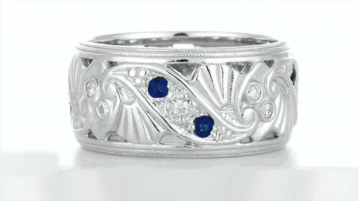 Retro Filigree Sapphire and Diamond 9.5mm Wide Wedding Ring in 14 Karat White Gold
