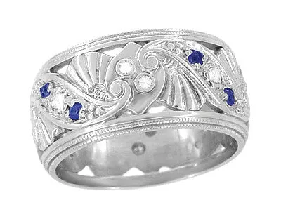 Retro Filigree Sapphire and Diamond 9.5mm Wide Wedding Ring in 14 Karat White Gold