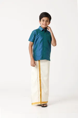 Rising Star - Peacock Blue Matching Fixit Dhoti and Shirt 2 in 1 Set For Kids | Uathayam
