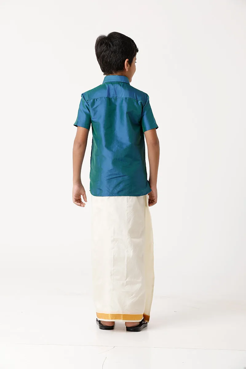 Rising Star - Peacock Blue Matching Fixit Dhoti and Shirt 2 in 1 Set For Kids | Uathayam