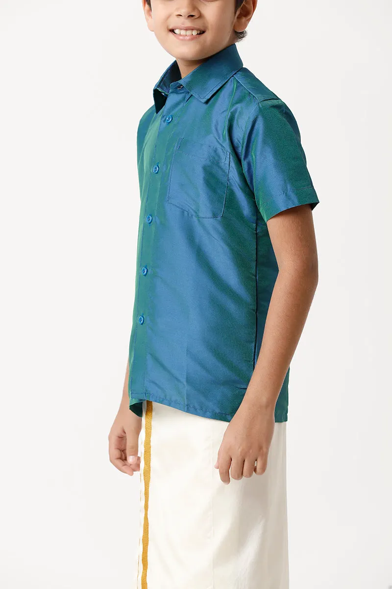Rising Star - Peacock Blue Matching Fixit Dhoti and Shirt 2 in 1 Set For Kids | Uathayam