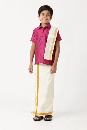 Rising Star - Pink Matching Fixit Dhoti and Shirt 3 in 1 Set For Kids | Uathayam