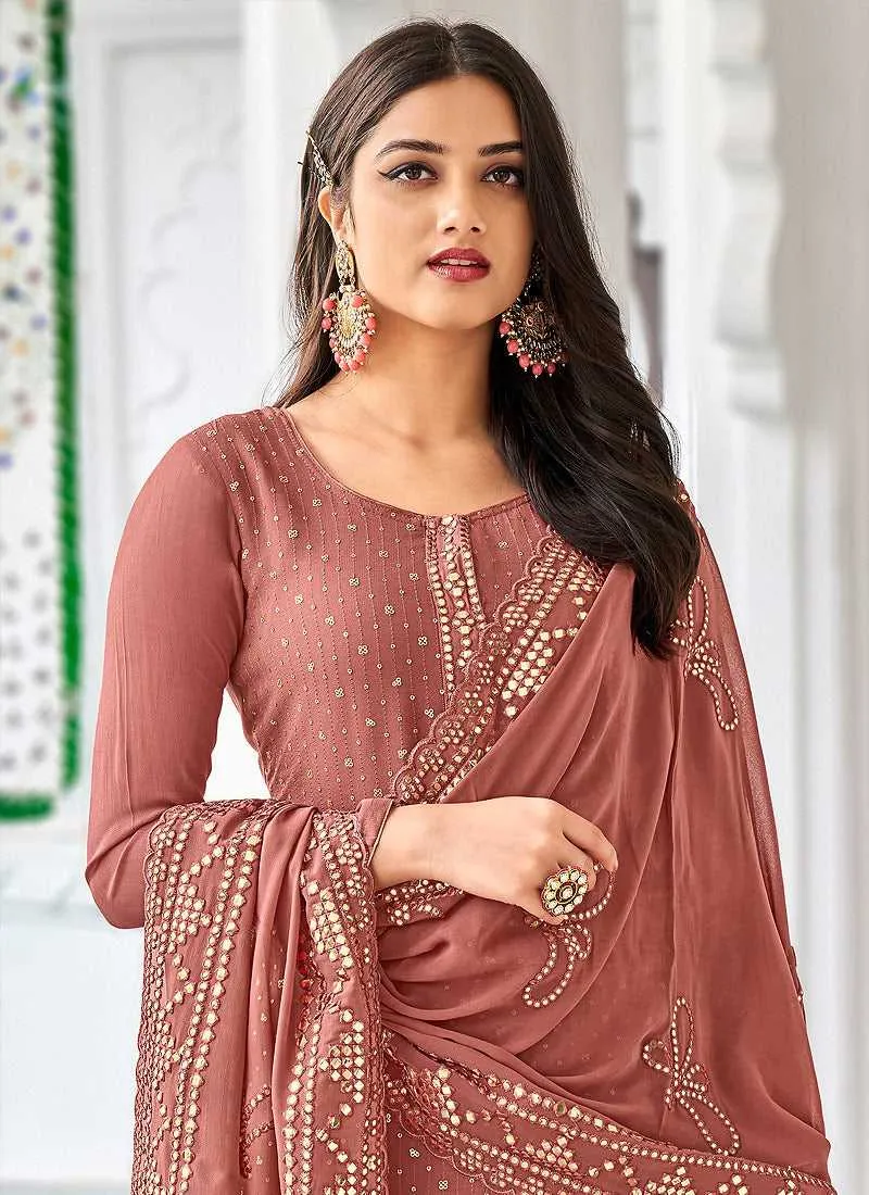 Rose Pink Heavy Embroidered Palazzo Style Suit