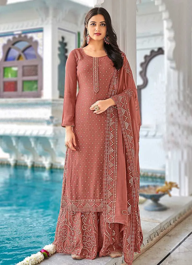 Rose Pink Heavy Embroidered Palazzo Style Suit