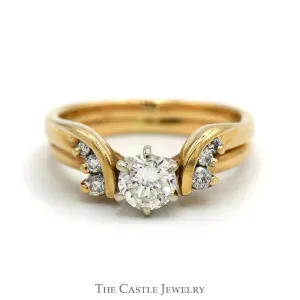 Round Brilliant Cut Diamond Bridal Set with Diamond Accented Soldered Band in 14k Yellow Gold