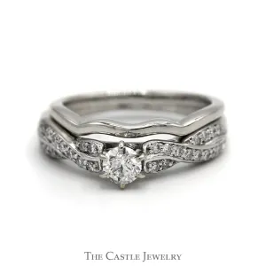 Round Diamond Solitaire Bridal Set with Twisted Diamond Accented Sides & Band in 14k White Gold