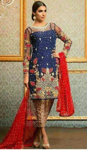 Royal Blue and red chiffon party dress Model #P 16