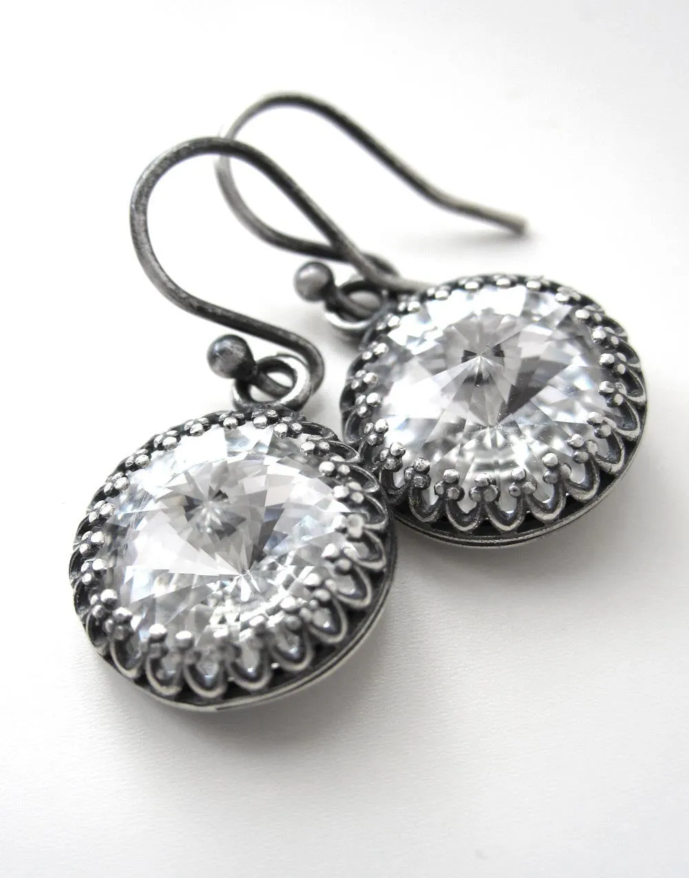 ROYAL - Clear Crystal Earrings with Antiqued Silver Crown Bezels