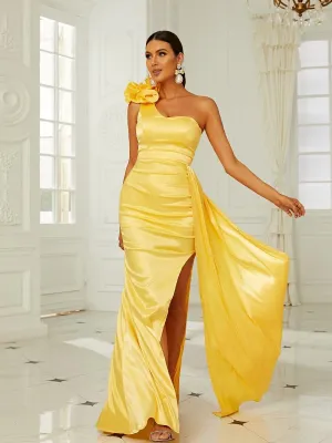 Ruffle Trim One Shoulder Satin Formal Dress XH2197