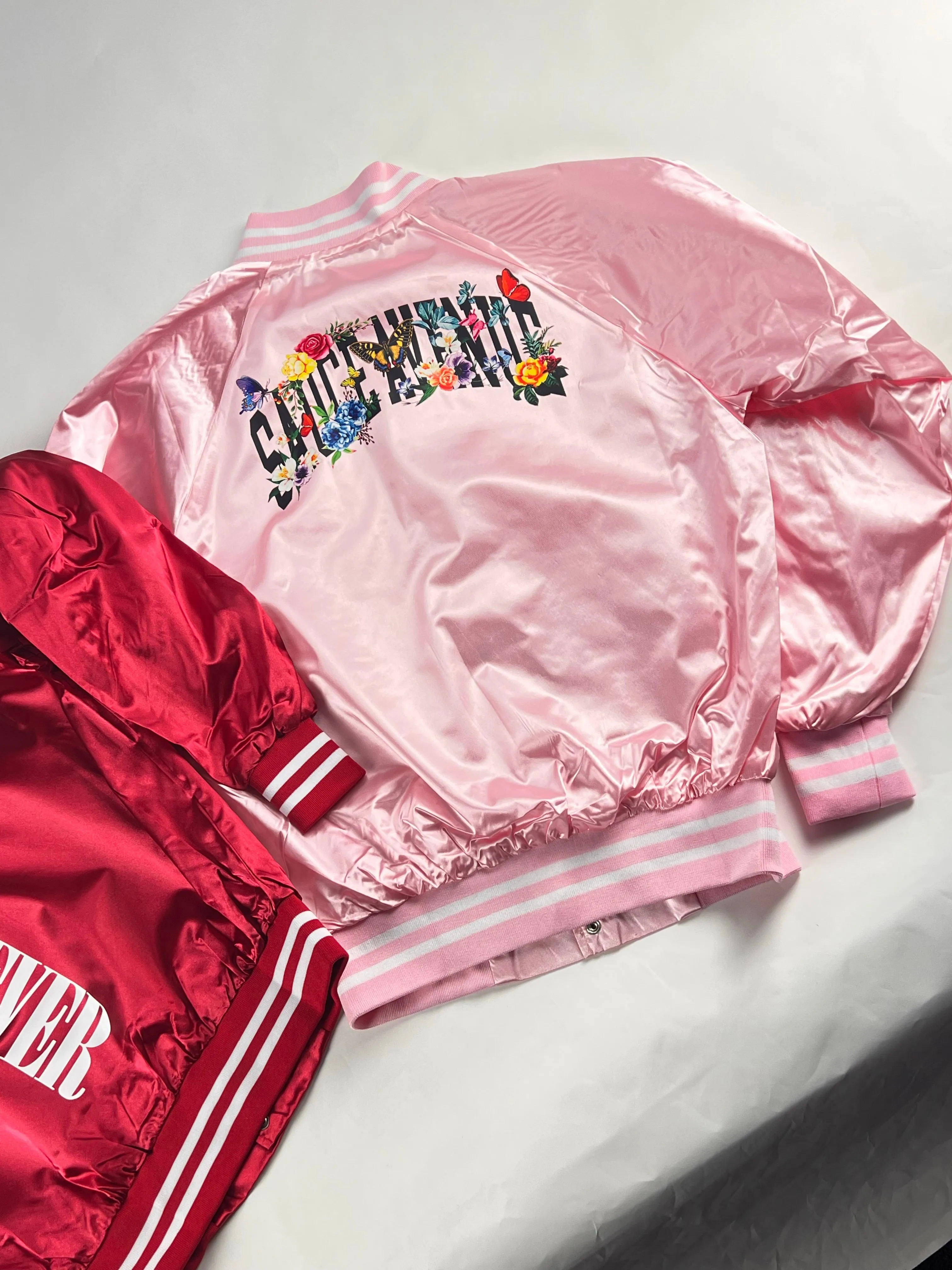 SA Curve Flowers & Butterflies Black | Pink/White Satin Jacket