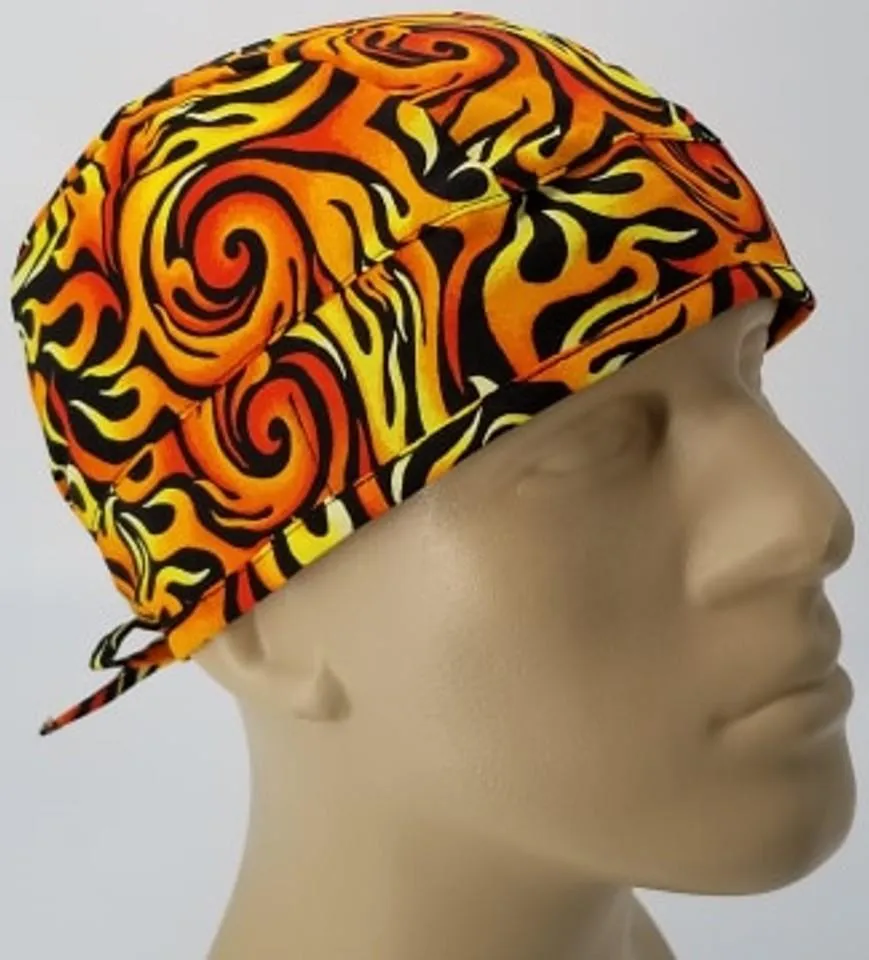 Scrub Cap Medical Surgeon Head Cover Surgical Hat Nurse Nursing Operating Room, Orange Yellow Black Flames