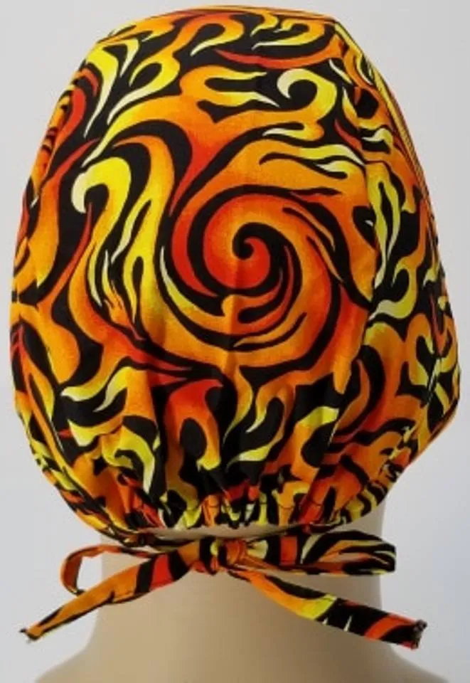 Scrub Cap Medical Surgeon Head Cover Surgical Hat Nurse Nursing Operating Room, Orange Yellow Black Flames