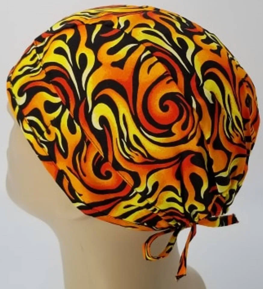 Scrub Cap Medical Surgeon Head Cover Surgical Hat Nurse Nursing Operating Room, Orange Yellow Black Flames