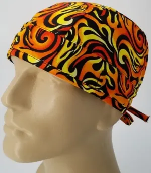 Scrub Cap Medical Surgeon Head Cover Surgical Hat Nurse Nursing Operating Room, Orange Yellow Black Flames