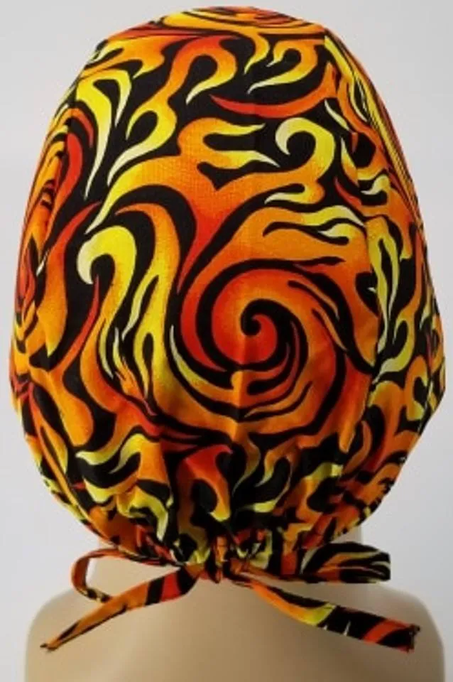 Scrub Cap Medical Surgeon Head Cover Surgical Hat Nurse Nursing Operating Room, Orange Yellow Black Flames