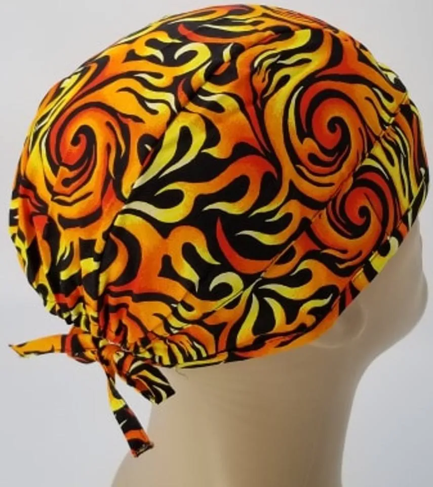 Scrub Cap Medical Surgeon Head Cover Surgical Hat Nurse Nursing Operating Room, Orange Yellow Black Flames