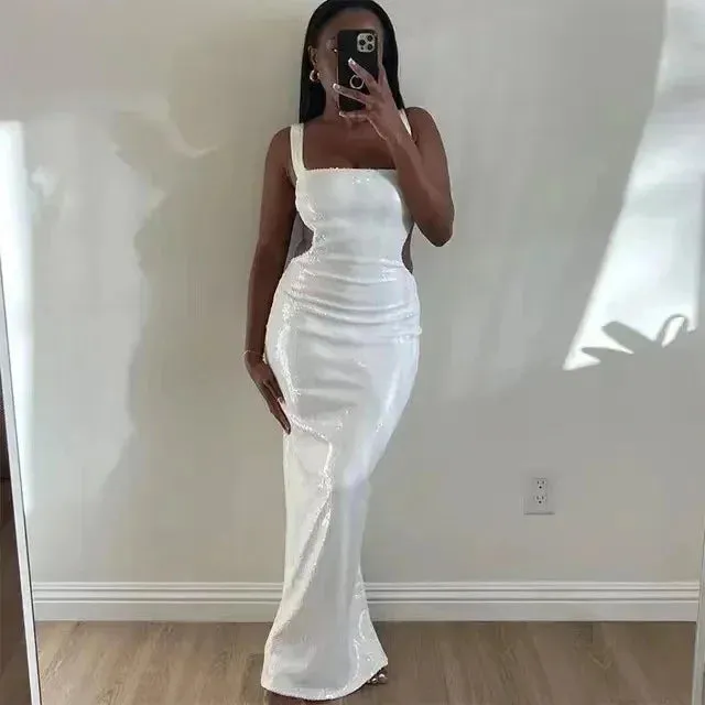 Sexy Backless Sequin Glitter Maxi Dresses For Women Boutique Fashion Bodycon Shiny Sleeveless Cut Out Evening Party Dress Prom
