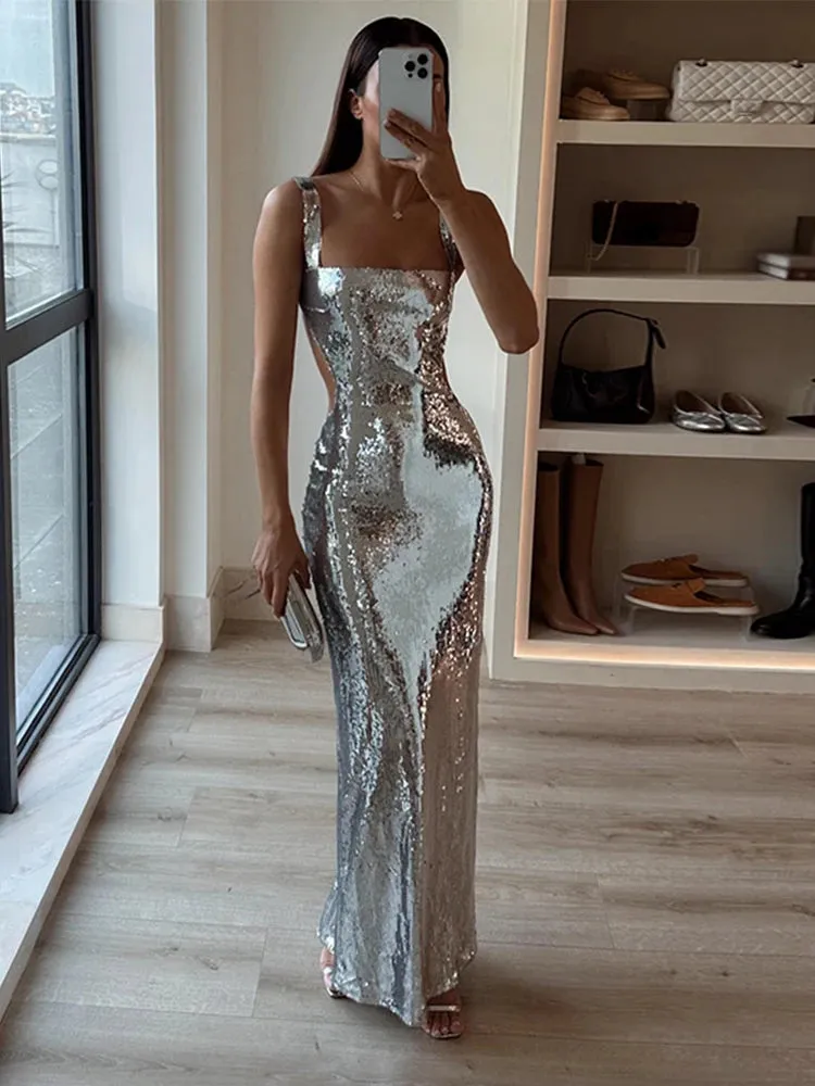 Sexy Backless Sequin Glitter Maxi Dresses For Women Boutique Fashion Bodycon Shiny Sleeveless Cut Out Evening Party Dress Prom