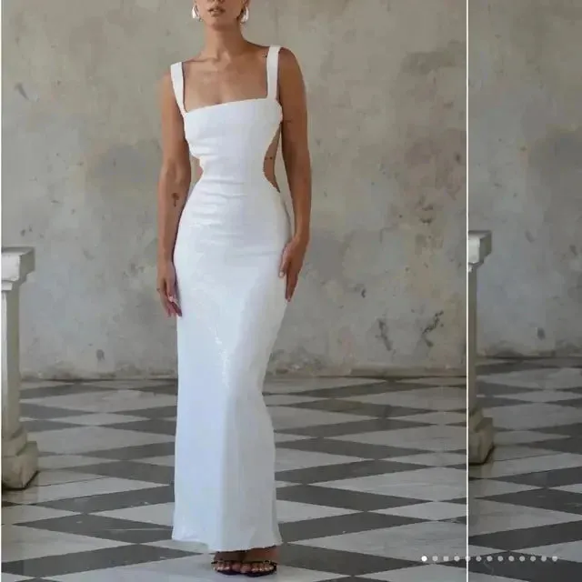 Sexy Backless Sequin Glitter Maxi Dresses For Women Boutique Fashion Bodycon Shiny Sleeveless Cut Out Evening Party Dress Prom