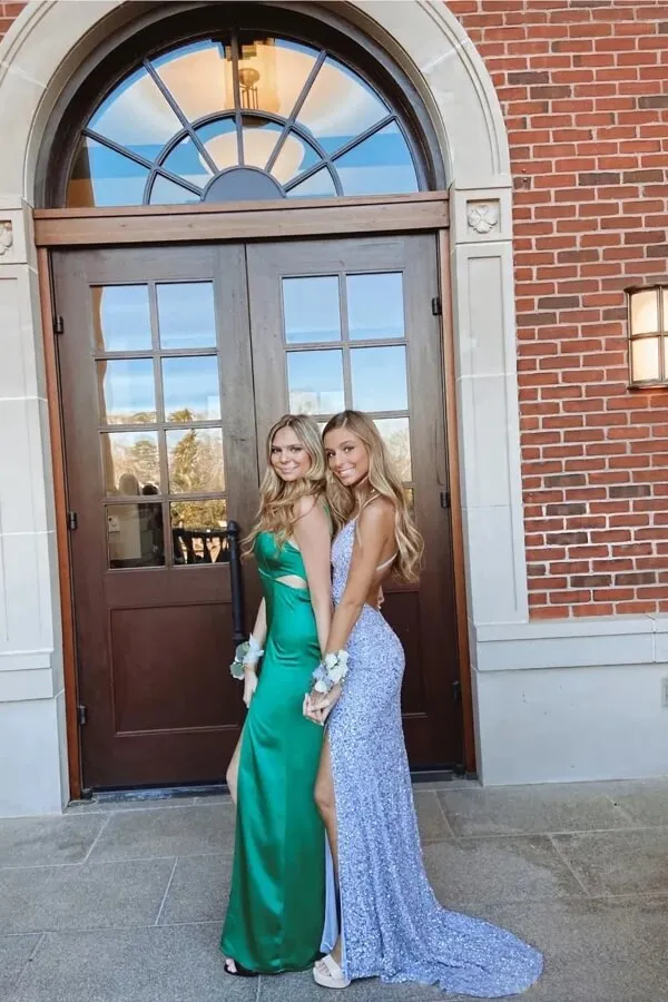 Shiny Blue Sequins Mermaid V-neck Prom Dresses With Slit, Evening Dress, MP736
