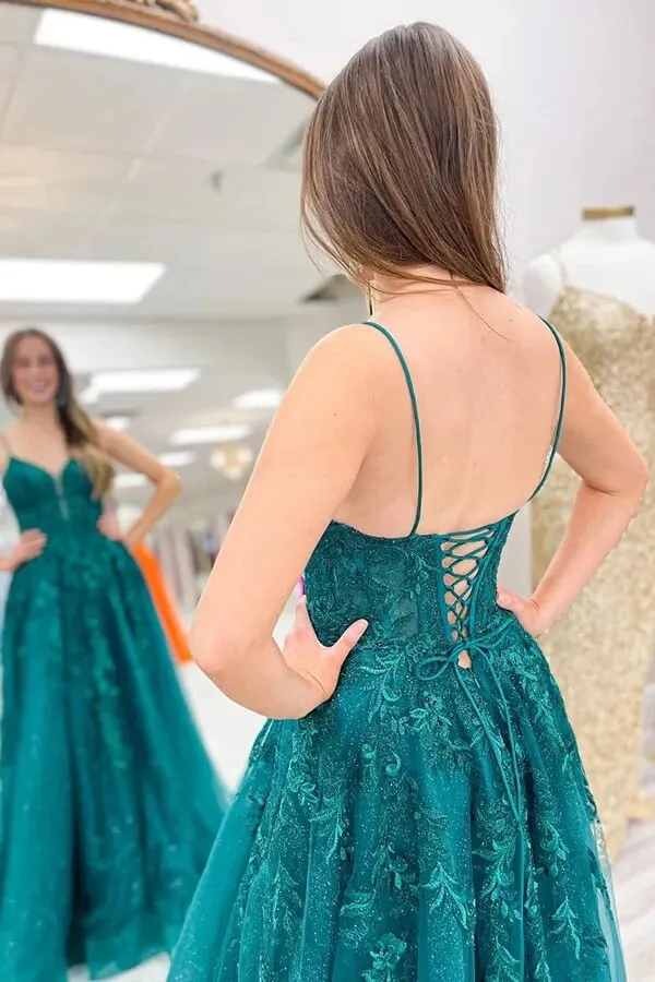 Shiny Green A-line Spaghetti Straps Prom Dresses With Appliques, MP999