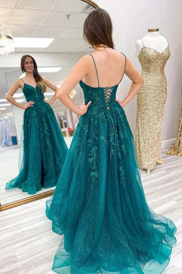 Shiny Green A-line Spaghetti Straps Prom Dresses With Appliques, MP999