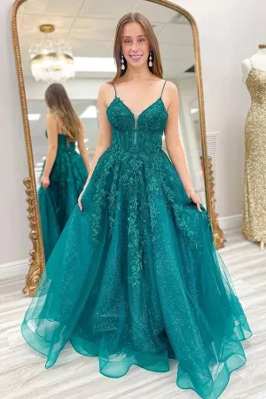 Shiny Green A-line Spaghetti Straps Prom Dresses With Appliques, MP999