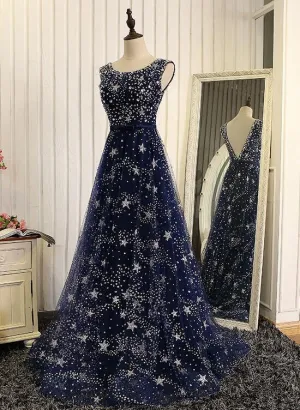 Shiny Navy Blue Tulle Long Formal Dress, Blue Prom Dress Evening Gown