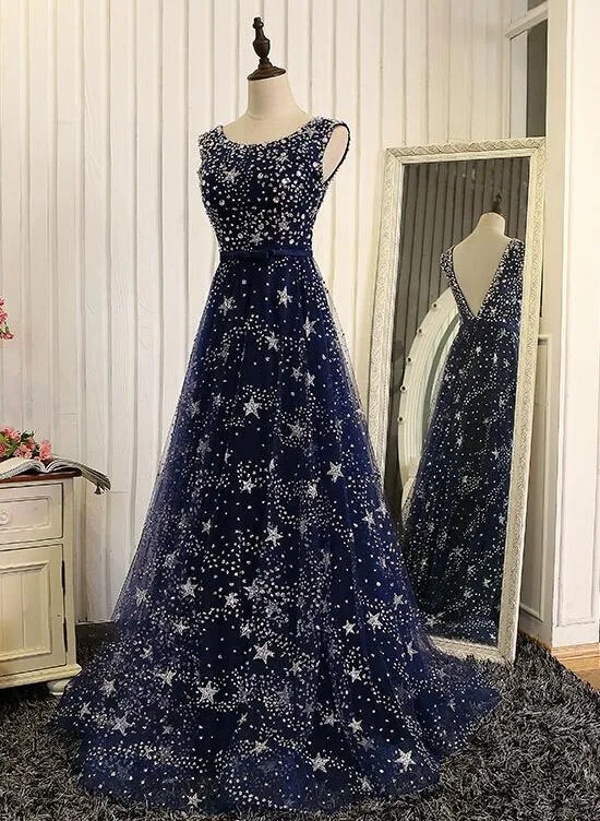 Shiny Navy Blue Tulle Long Formal Dress, Blue Prom Dress Evening Gown