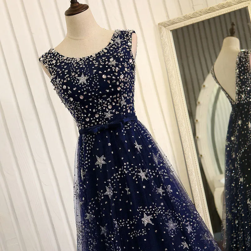 Shiny Navy Blue Tulle Long Formal Dress, Blue Prom Dress Evening Gown