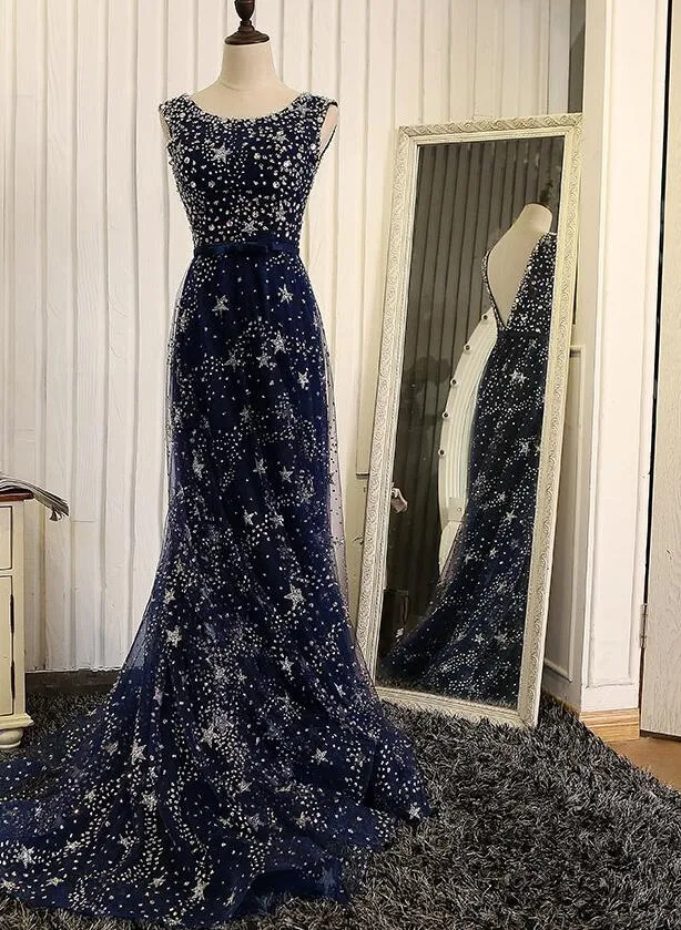 Shiny Navy Blue Tulle Long Formal Dress, Blue Prom Dress Evening Gown