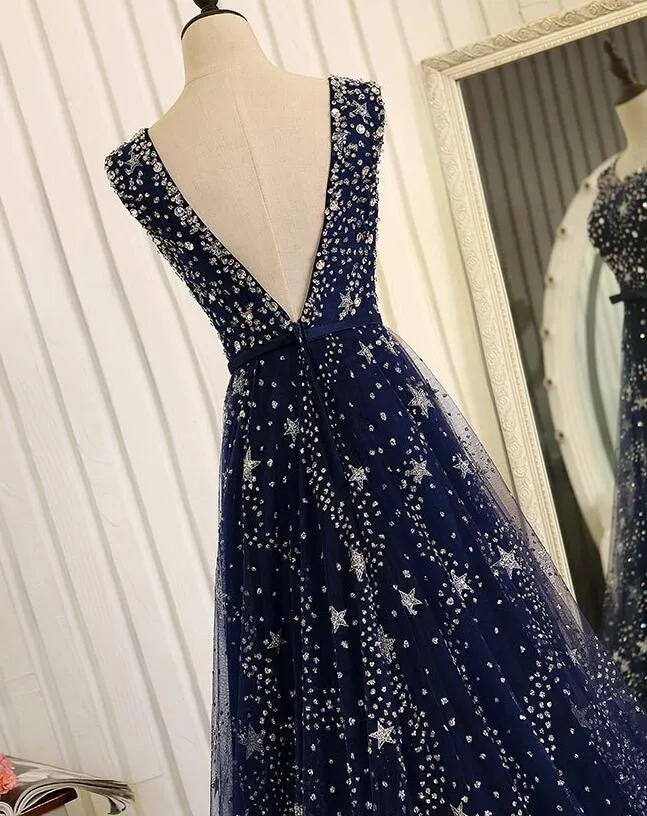 Shiny Navy Blue Tulle Long Formal Dress, Blue Prom Dress Evening Gown