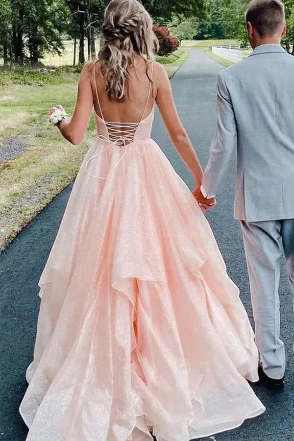Shiny Pink A-line V-neck Spaghetti Straps Ruffles Long Prom Dresses, MP989