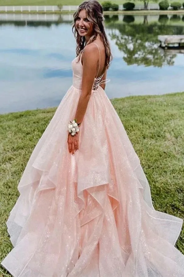 Shiny Pink A-line V-neck Spaghetti Straps Ruffles Long Prom Dresses, MP989